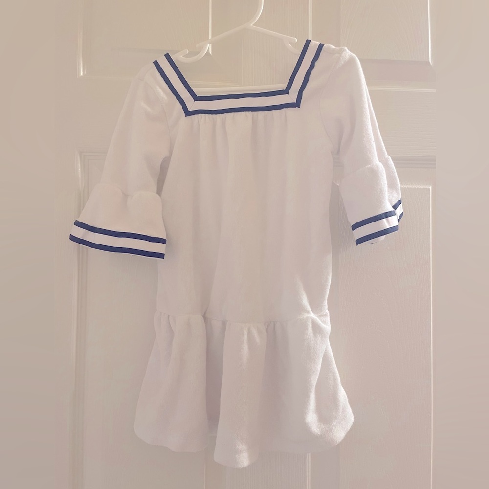 Janie and Jack White Terry Cloth Navy Blue Trim Dress 3t